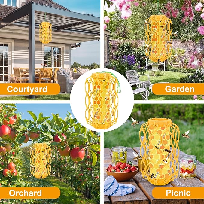 3 Pack Upgraded Wasp Trap Outdoor Hanging, Carpenter Bee and Hornet Catcher, Reusable Yellow Jacket Trap with Bait Reservoir, Bee Killer and Wasp Catcher for Outside (Orange)