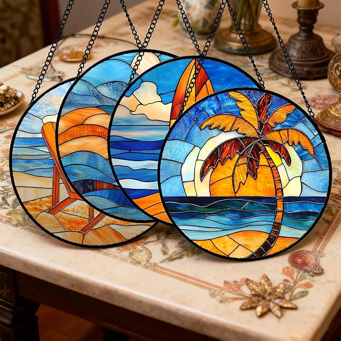 DASTOLL Stained Glass Window Hanging 4 Pcs Set Blue Orange Ocean Beach Theme 7.8" - Suncatcher Door Garden Sun Catcher Decor Birthday Christmas for Mom Woman Nana Men Wife