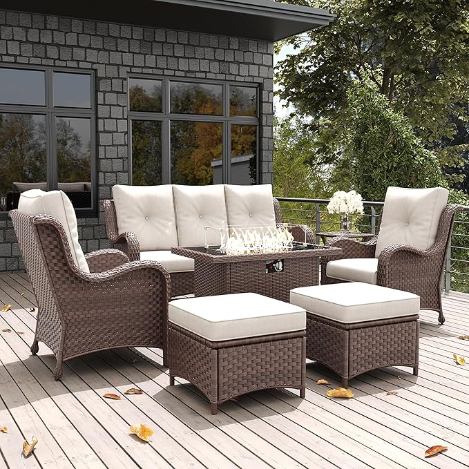 LayinSun 7 Pieces Outdoor Patio Furniture Set with Fire Pit Table, Rattan Wicker Sectional Chairs Sets with Ottomans, Single Chairs and Coffee Table
