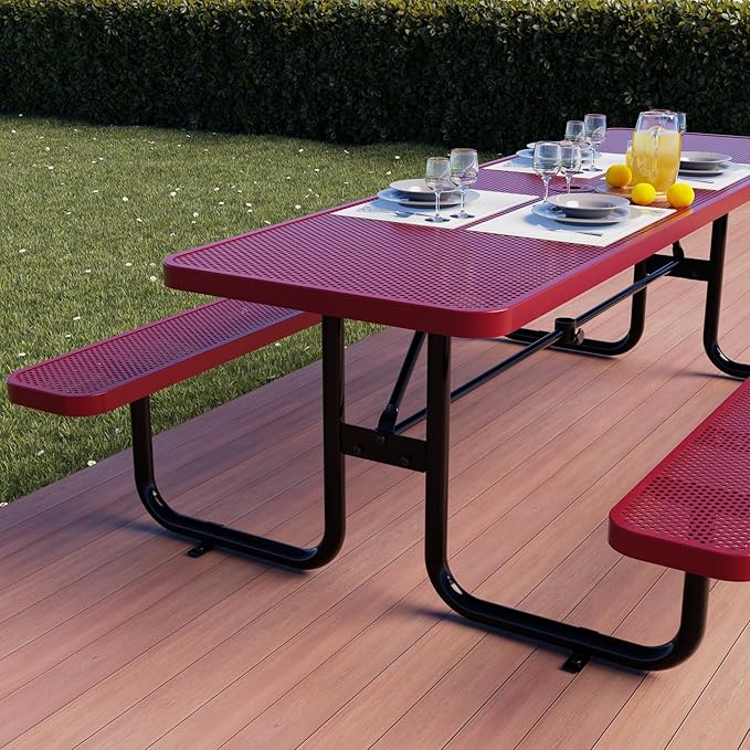 Commercial Heavy-Duty Metal Picnic Table - ADA Compliant, Adjustable Seats, Umbrella Hole (Red, 8' Rectangular, Punched Steel)