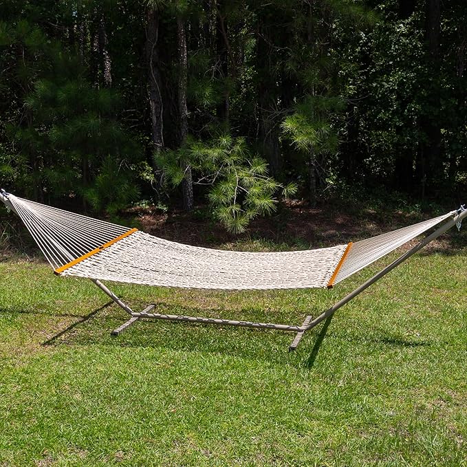 Original Pawleys Island Deluxe Oatmeal DuraCord Rope Hammock – 13 ft. x 60 in., 2-Person, 450 lb Capacity, Oak Spreader Bar, Zinc-Plated Hardware, Handcrafted in The USA