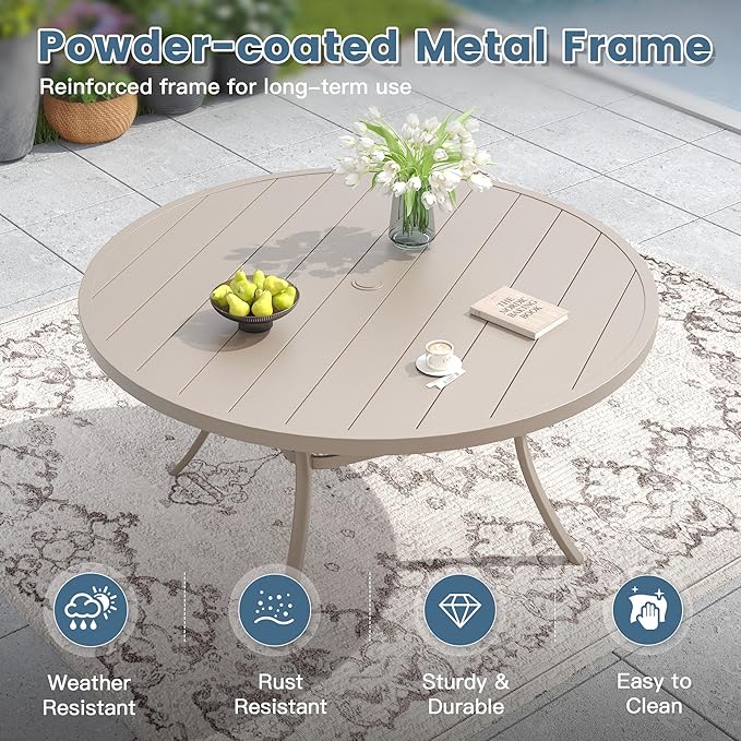 DIFY 50" Round Outdoor Patio Dining Table for 6, Metal Patio Table with 1.57" Adjustable Umbrella Hole, All-Weather Dining Furniture Table for Backyard Lawn Garden, Sandshell