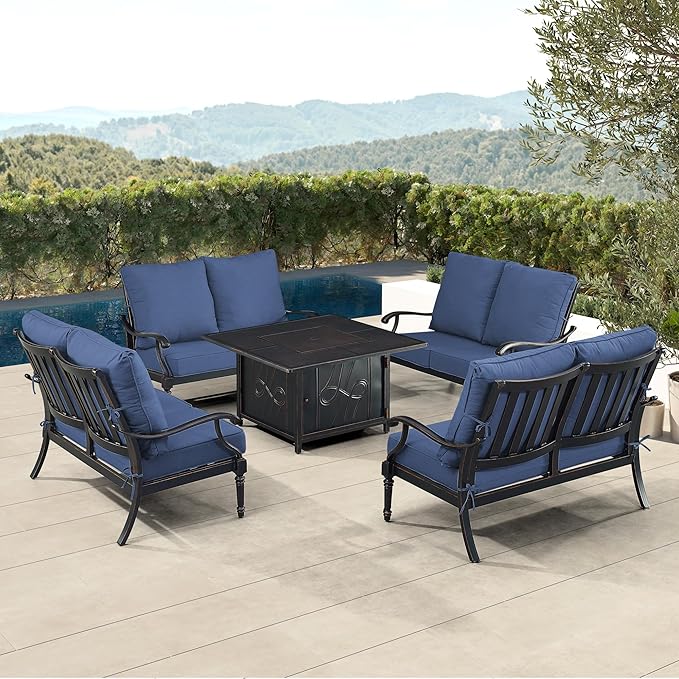 Oakland Living Black Aluminum Patio Fire Table Set with Four Deep Seating Loveseat with Cushions with Blue Cushions