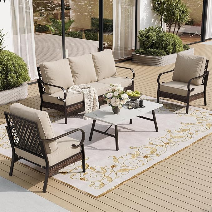 SUNSHINE VALLEY 4 Piece Metal Outdoor Patio Furniture Set, Patio Conversation Sets 1 3-Seater Sofa, 2 Chairs with 5.75" Extra Thick Cushion and Coffee Table, Black Frame Backyard Furniture, Beige