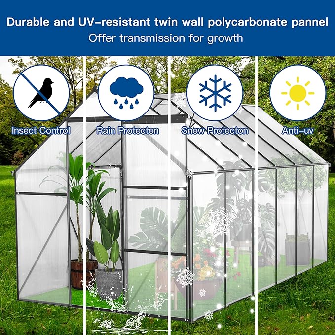 6×12 FT Black Polycarbonate Greenhouse for Outdoors with Heavy-Duty Aluminum Frame, Walk-in Green House Kit with Raised Base, Sliding Door & Adjustable Roof Vent, Large Outdoor Greenhouse