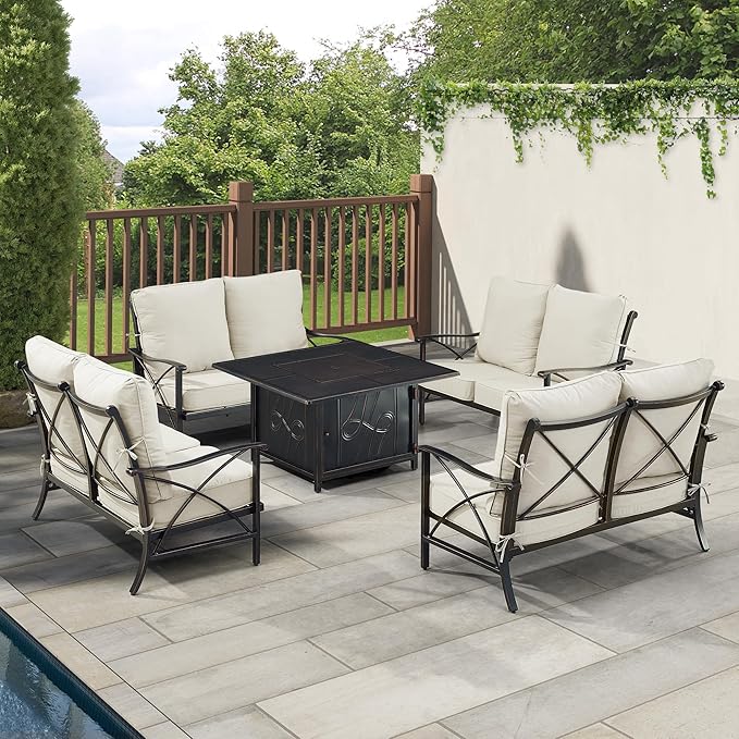 Oakland Living Black Aluminum Patio Fire Table Set with Four Deep Seating Loveseat with Cushions