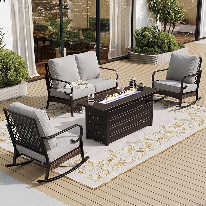SUNSHINE VALLEY 4 Piece Metal Outdoor Patio Furniture Sets with Firepit Table, Patio Conversation Sets 1 2-Seater Sofa, 2 Rocking Sofa with 5.75" Cushion Black Backyard Furniture for Deck, Light Gray