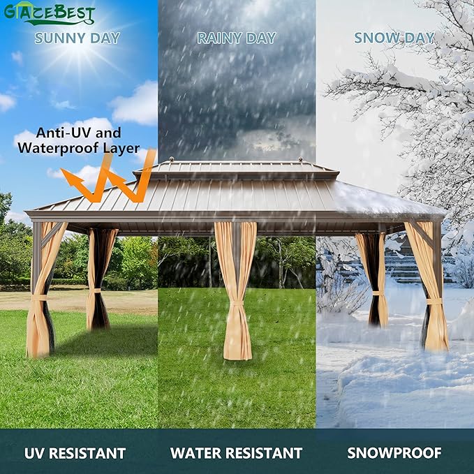 GAZEBEST 12' X 24' Hardtop Gazebo, Outdoor Galvanized Steel Double Roof Permanent Aluminum Frame Pavilion Pergola Canopy with Privacy Curtains for Garden, Patio, Backyard, Deck and Lawns.