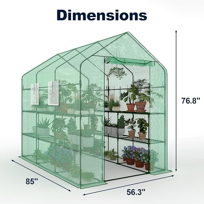 Greenhouse, 57 x 85 x 77'' Greenhouses for Outdoors, with Mesh Side Windows, PE Cover, 8 Shelves, Heavy Duty Walk in Green House for Backyard Garden Indoor, White& Green Outside