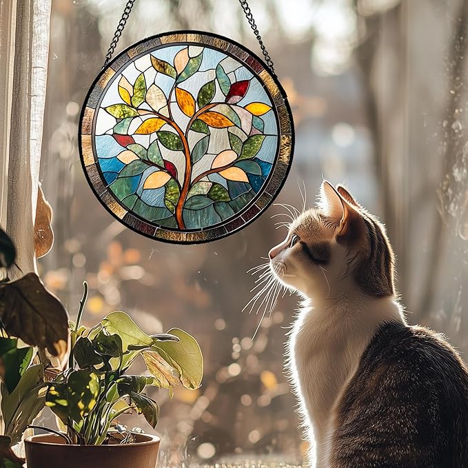 QZQCBLC Stained Glass Window Hanging Colorful Tree of Life 7.8" - Plant Leaves Suncatcher Door Garden Sun Catcher Home Decor Birthday Christmas for Mom Men Woman Nana Friend