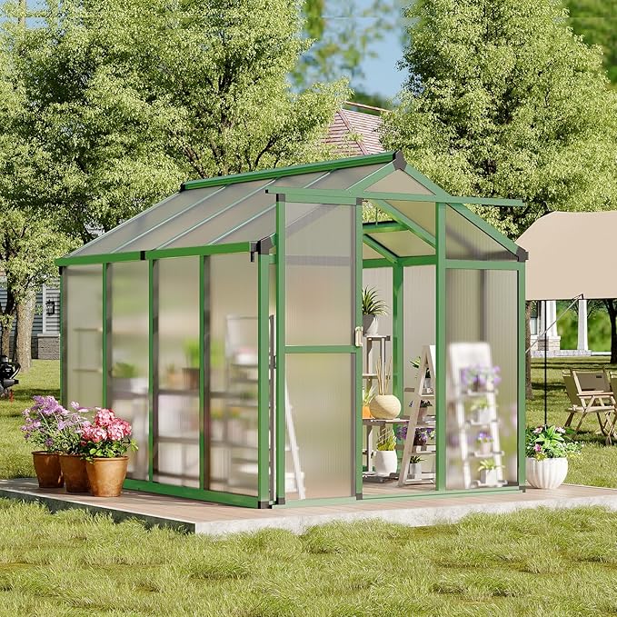 Greenhouse, 6x8 Ft Outdoor Greenhouses, Accessible Green House with Roof Vents and Sliding Doors, Aluminum Frame Polycarbonate Greenhouses, Large Greenhouse for Outdoor Gardens and Backyards, Green