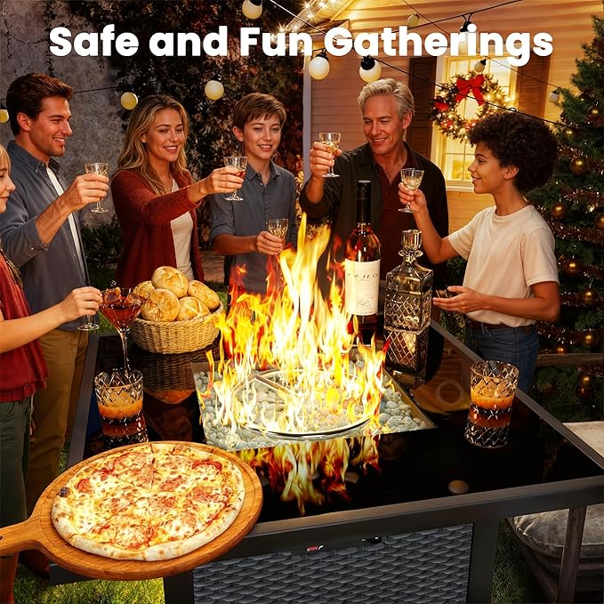Propane Fire Pit Table, Outdoor Fire Pit Table, 28" Rattan Square Outdoor Gas Fire Pit with Glass Wind Guard, Tempered Glass Tabletop, Lid, CSA Listed, 50,000 BTU for Outside Patio Deck & Garden,Black