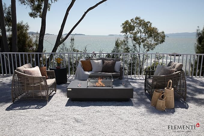 Elementi+ | Monte Carlo Gas Fire Pit Cast Concrete 60" Rectangular Fire Table, Outdoor Fire Pit Electronic Ignition | Canvas Cover, Fire Glass and Burner Lid Included | Light Gray | Propane Gas