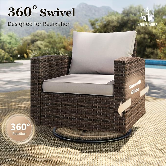 HERA'S HOUSE Wicker Patio Furniture Set with Swivel Glide Chairs, 5 Pieces Outdoor Conversation Sofa Sets with Cushions for Deck Lawn Backyard, Beige