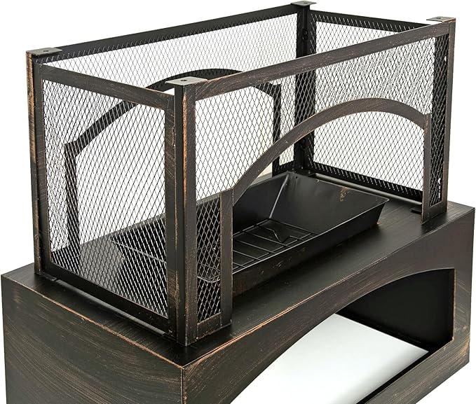 37 Inch Outdoor Fireplace, Wood Burning Fire Pit for Patio with Built-in Log Storage, Steel Rectangular Fire Table with Poker for Camping, Garden, Backyard, Antique Brass