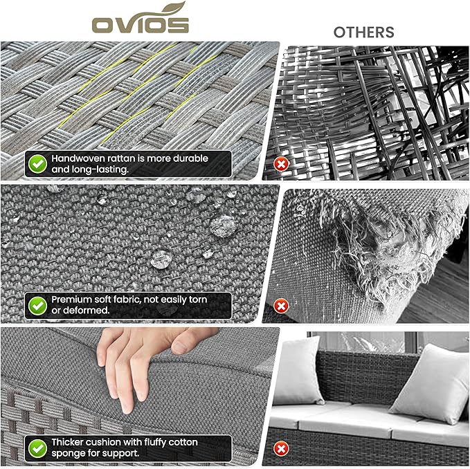 ovios 9 Pieces Patio Furniture Set, Outdoor Wicker Sectional Sofa with 2 Swivel Chairs Coffee Table, Modern Modular Deep Seat Rattan Couch Conversation Sets, Dark Grey