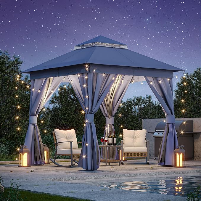 LAUSAINT HOME Gazebo 8x8ft, Heavy Duty Patio Gazebo with Expansion Bolts, Party Canopy Tent with Double Roofs, Mosquito Nettings and Privacy Screens for Backyard, Garden, Lawn, Navy Blue