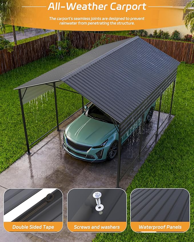 Patiowell 10'x15' Metal Carport with Heavy Duty Frame, Outdoor Carport Canopy with Galvanized Steel Roof, All-Weather Car Shelter Garage for Car, Truck, Boat and Tractor, Black