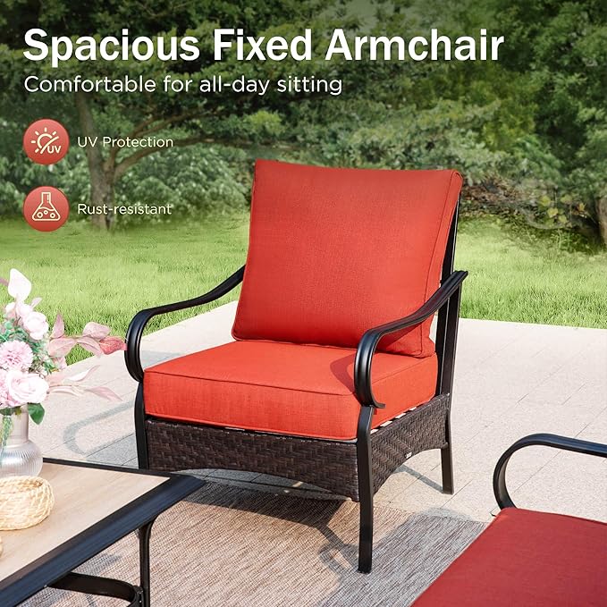 PHI VILLA Patio Furniture Set with 56" Fire Pit Table, Premium Outdoor Wicker Metal Frame Furniture with Upgraded Waterproof Thick Cushions for Porch, Poolside, Deck, and Yard （4 Pieces,Red