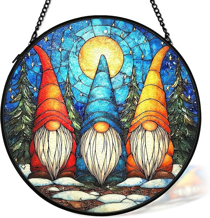 cvjutf Winter Gnome Suncatcher Stained Glass Window Hanging Decor, Xmas Gnomes Christmas Stained Glass Wall Decorations Gifts for Women, Holiday Garden Sun Catchers Indoor Window Wall Art, 7.9x7.9In