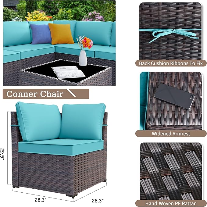Kurapika 12 Pieces Patio Furniture Set, Rattan Wicker Outdoor Conversation Sets w/4 Inch Cushion and Glass Coffee Table(Blue)