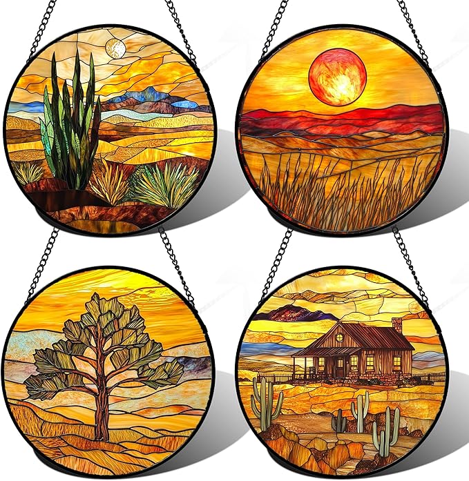 DASTOLL Stained Glass Window Hanging 4 Pcs Set Desert Sunset Theme Landscape 6.3" - Suncatcher Door Garden Sun Catcher Decor Birthday Christmas for Mom Woman Nana Men
