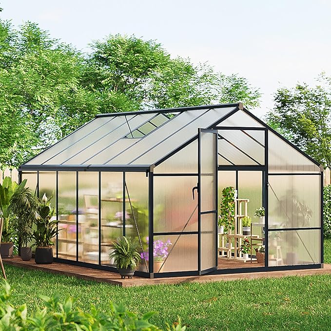 8x12 FT Greenhouse, Polycarbonate Walk-in Greenhouse for Outdoors with Roof Vent & Lockable Outward-Opening Swing Door, Heavy-Duty Aluminum Green House for Garden, Backyard, Patio, Lawn, Dark Grey