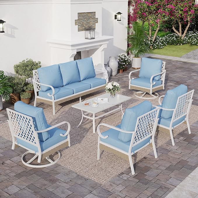 SUNSHINE VALLEY 6 Piece Metal Outdoor Patio Furniture Set, Patio Conversation Sets 3-Seater Sofa, 2 Fixed Sofa, 2 Swivel Chair with 5.75" Thick Cushion and Coffee Table White Backyard Furniture, Blue