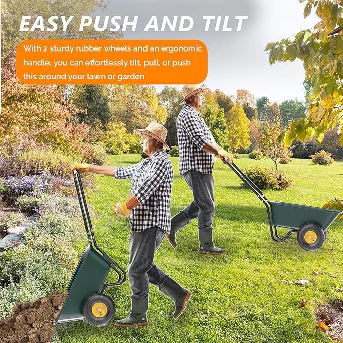 VINGLI 2 Wheel Wheelbarrow, Plastic and Steel Wheel Barrel, 300lbs Capacity Garden Cart for Lawn, Gardening, Construction