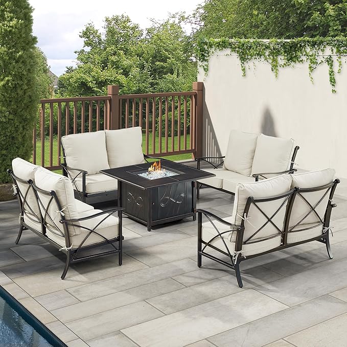 Oakland Living Black Aluminum Patio Fire Table Set with Four Deep Seating Loveseat with Cushions