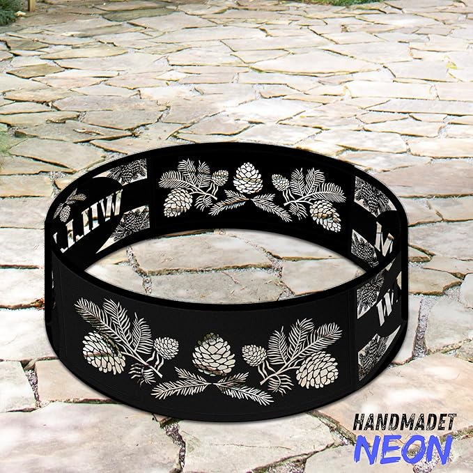 Personalized Fire Pit Ring Pine Bough Custom Name Rustic Metal Campfire Ring 360 Degree Fire Pit Outdoor BBQs Backyard Camping Garden Decor for Father Dads