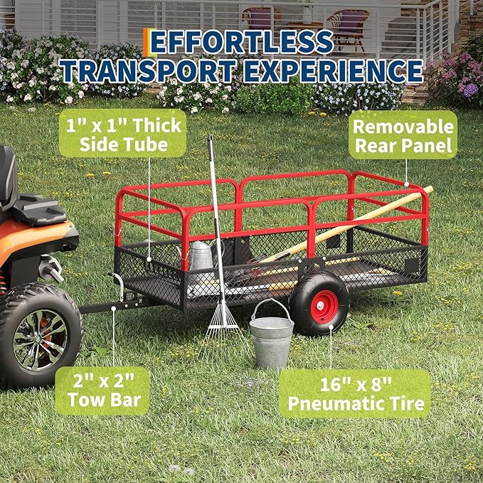 GarveeLife ATV UTV Trailer Tow Behind Dump Cart, 1600 lbs 22 Cubic Feet Heavy Duty Yard Garden Trailer Pull Behind with Removable Sides & All Terrain Tires, Fits Lawn Mower, Tractor, Garden