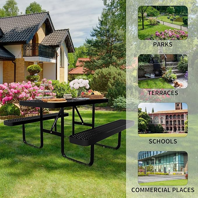 HIMcup 4FT Rectangular Steel Outdoor Picnic Table,Commercial Black Picnic Table Bench Set with Umbrella Hole, Weather-Resistant Heavy Duty School Dining Table for Patio, Garden, Backyard