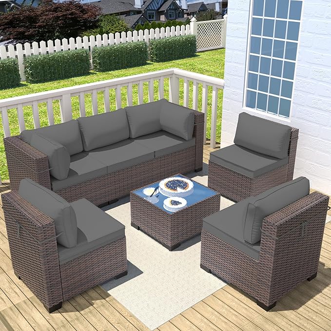 Outdoor Patio Furniture Set, 7 Pieces Outdoor Sectional Furniture Patio Sofa, All-Weather PE Rattan Patio Conversation Set with Tempered Glass Top Table & Cushions(Grey).