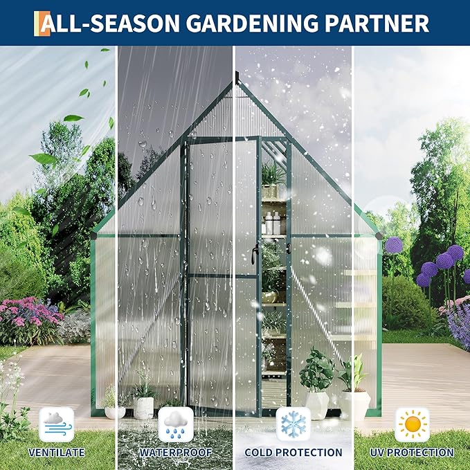 GAOMON 6x7 FT Outdoor Greenhouse with Roof Vent - Heavy Duty Aluminum Polycarbonate Greenhouse, Easy Assembly, Lockable Door, for Patio, Backyard, Garden