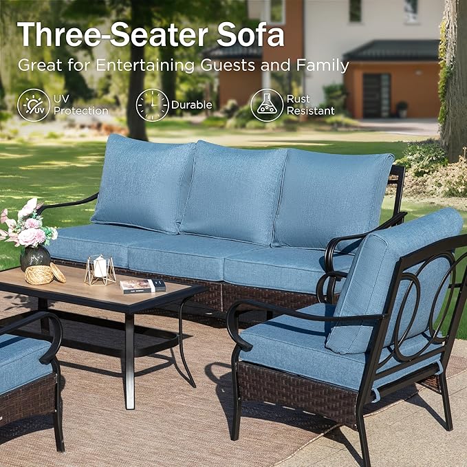 PHI VILLA Patio Furniture Set with 56" Fire Pit Table, Premium Outdoor Wicker Metal Frame Furniture with Upgraded Waterproof Thick Cushions for Porch, Poolside, Deck, and Yard（4 Pieces,Navy