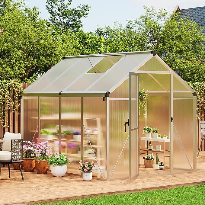 6×8 FT Greenhouse, Large Walk in Greenhouses for Outdoors and Garden Planting, Polycarbonate Greenhouse with Enhanced Aluminum Frame, Green Houses with Quick Setup Structure and Roof Vent, Silver