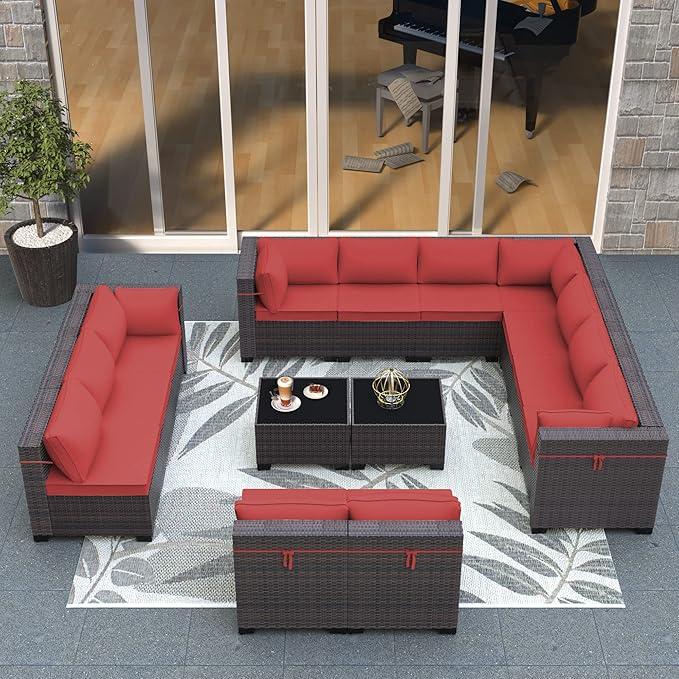 Outdoor Patio Furniture Set, 14 Pieces Outdoor Sectional Furniture Patio Sofa, All-Weather PE Rattan Patio Conversation Set with Tempered Glass Top Table & Cushions(Red),