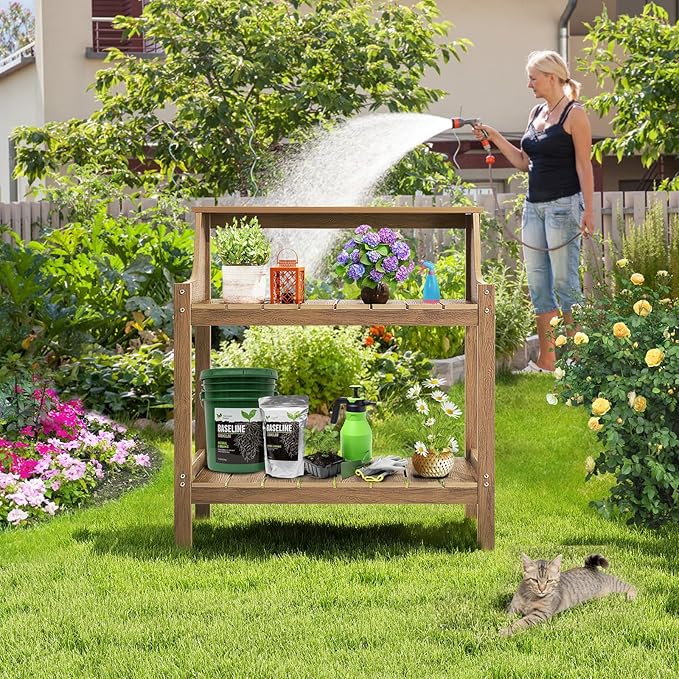 ONBRILL Potting Bench Table, HDPS Potting Bench with 4 Side Hooks, All-Weather Garden Table Work Station, Outdoor Potting Table for Porch, No Rust, No Fade, No Break, 360lbs Capacity (Teak, Large)