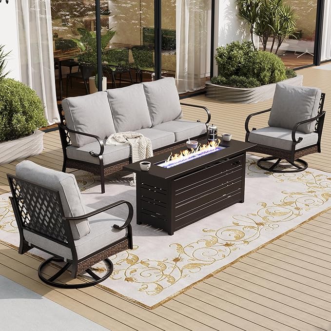 SUNSHINE VALLEY 4 Piece Black Metal Outdoor Patio Furniture Sets with Firepit Table, Patio Conversation Sets 1 3-Seater Sofa, 2 Swivel Sofa with 5.75" Cushion Backyard Furniture for Deck, Light Gray