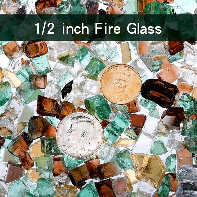 Onlyfire 10 Pounds Blended Reflective Fire Glass for Fire Pit Fireplace and Landscaping, 1/2 Inch Mixed Colored High Luster Fireglass Rocks for Outdoor ＆ Indoor Use - Gold+Light Green+Copper