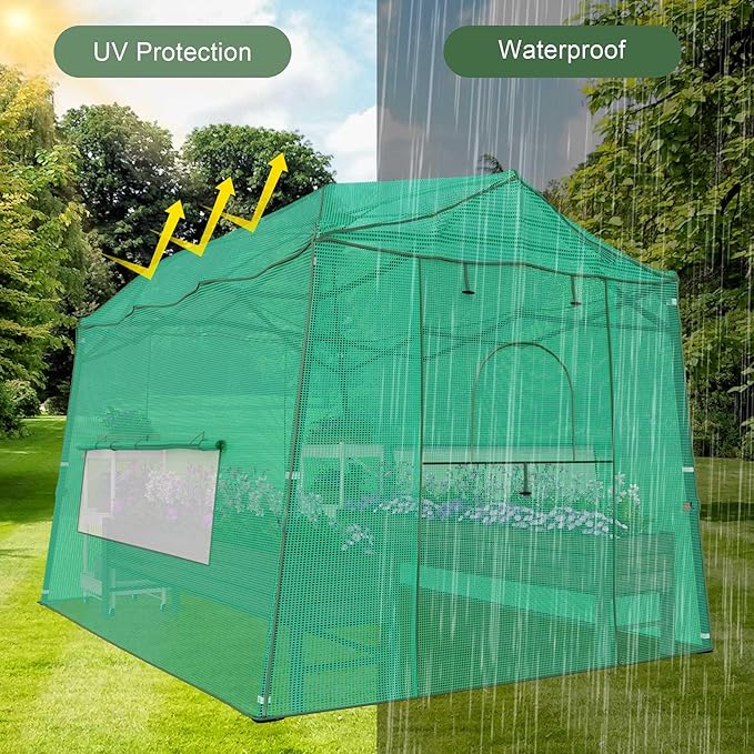 8.5 x 7 ft Large Walk-in Pop-Up Greenhouse, Portable Plant Tent with 4 Zipper Doors & 3 Height Adjustments, Heavy-Duty PE Cover for Outdoor/Indoor Use in All Weather