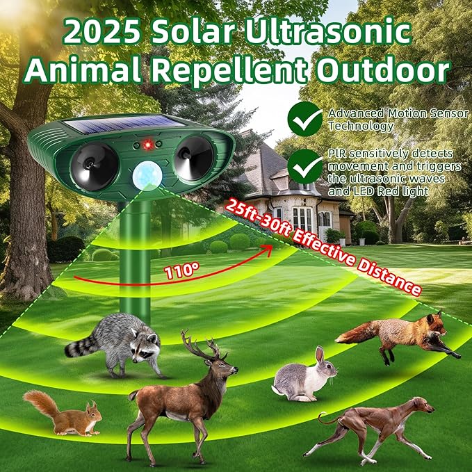 4 Pack 2026 Solar Ultrasonic Animal Repellent Outdoor Cat Squirrel Deer Repellent Devices Rabbit Deterrent for Garden,Animal Repeller with Motion Sensor for Dog Skunk Raccoon Rabbit Rodent