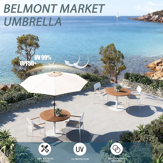 9FT Large Outdoor Patio Umbrella Market Table Umbrella-UV Resistant, Easy Push Button Tilt and Crank, 8 Sturdy Ribs Heavy-Duty Pool Umbrella for Deck,Beige