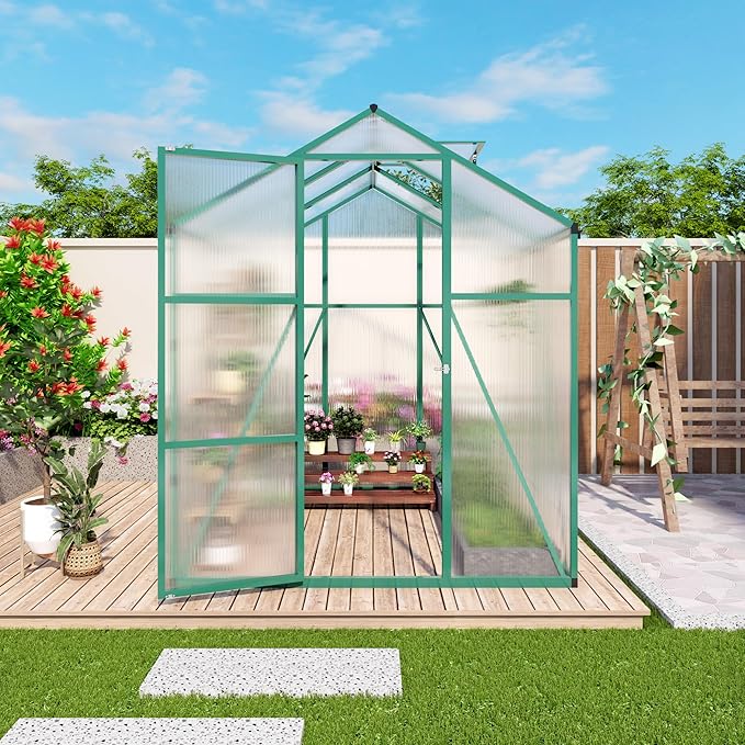 KEIKI Walk-in 6x6 FT Polycarbonate Greenhouse, Aluminum Frame Outdoor Greenhouse with Roof Vent, Anchor Base & UV-Blocking Panels for Backyard Gardening, Green