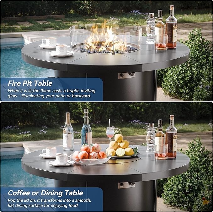 Kurapika 5 Pieces Patio Furniture Set, Rattan Wicker Outdoor Conversation Sets, 4 Woven Rattan Swivel Chairs w/48in Propane Fire Pit Table and Thickened Cushions, Grey