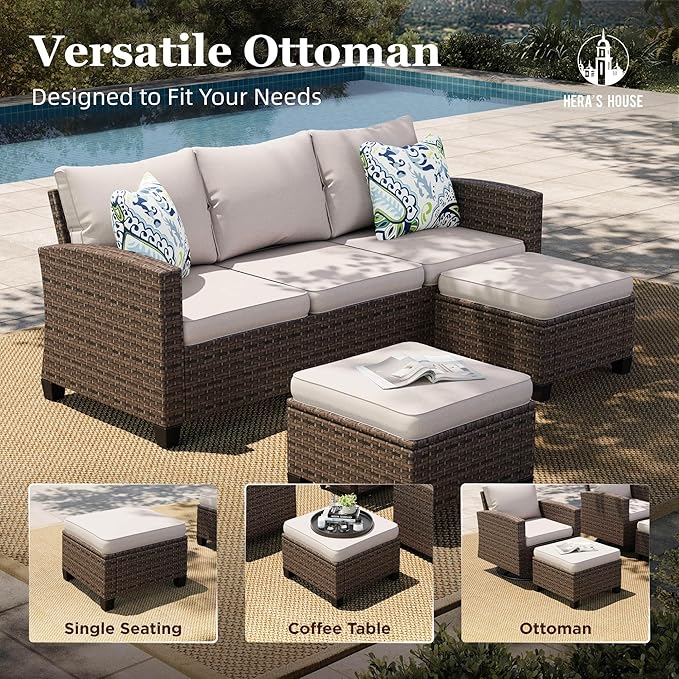 HERA'S HOUSE Wicker Patio Furniture Set, Outdoor Sectional Conversation Sets, 6 Pieces 9 Seats Outside Sofa Set for Lawn Backyard