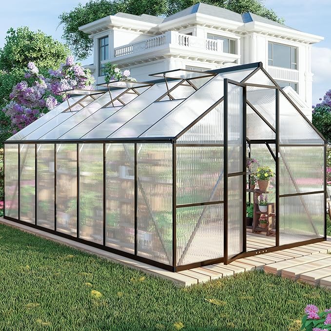 8 x 14 FT Aluminum Large Walk-in Greenhouse for Outdoors, Gray Polycarbonate Garden