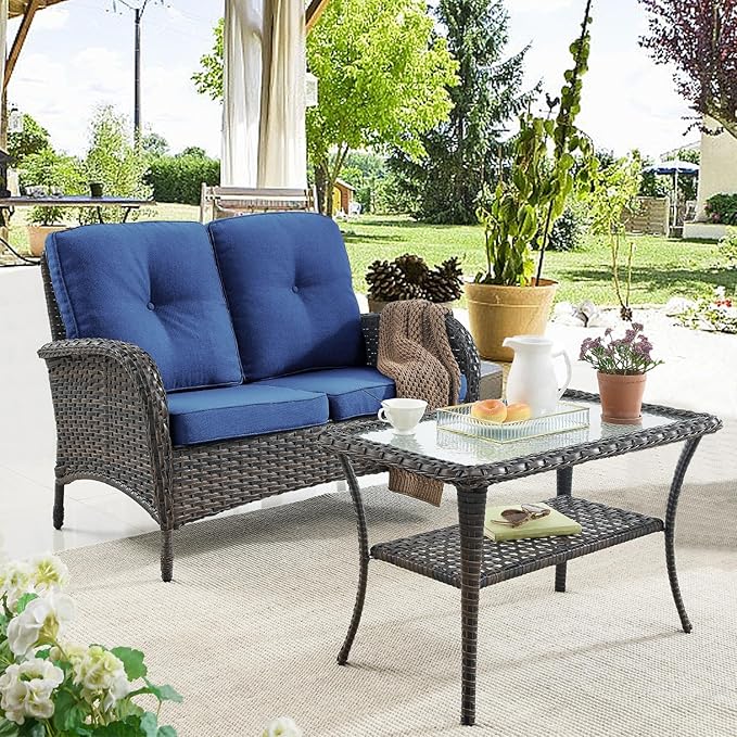 Belord Patio Wicker Furniture with Swivel Rocker Chairs Loveseat, 5 Piece Rattan Furniture Outdoor Table and Chairs Set for Patio Deck Porch Backyard