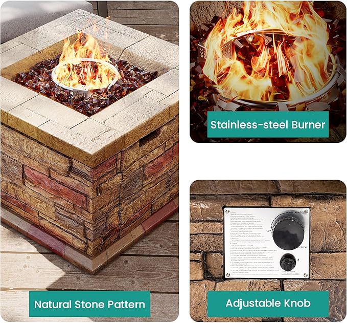 32" Outdoor Propane Fire Pit, Square Stonecrest Gas Firepit for Outside Patio, Concrete Propane Fire Table 50,000 BTU Gas Fire Pits with Waterproof Cover, Red Fire Glass